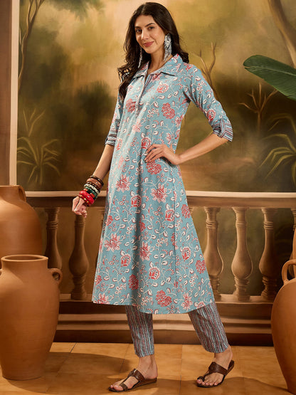 Turq Blue Floral Printed Cotton Co-ords Set