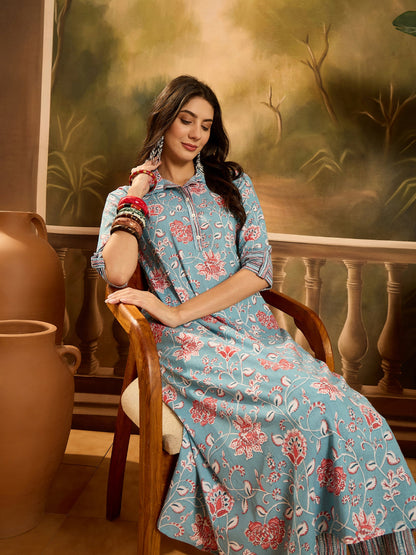 Turq Blue Floral Printed Cotton Co-ords Set (Pre-Order)