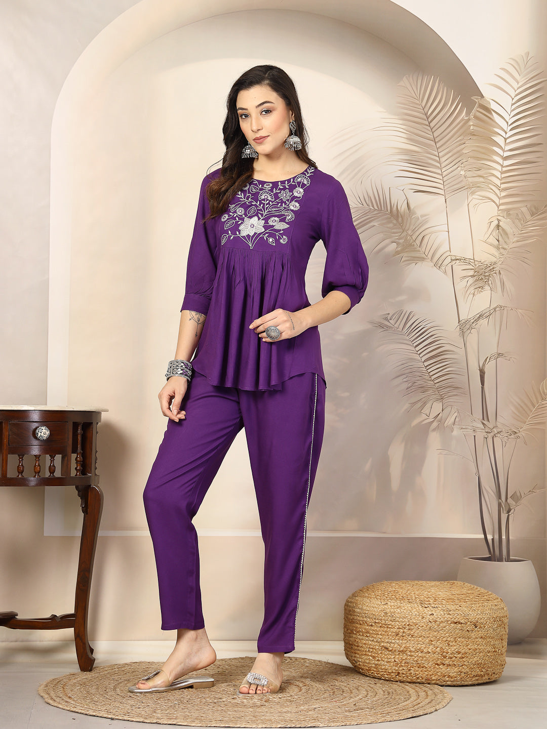 Violet Solid &amp; Embroidered Cotton Co-Ord Set