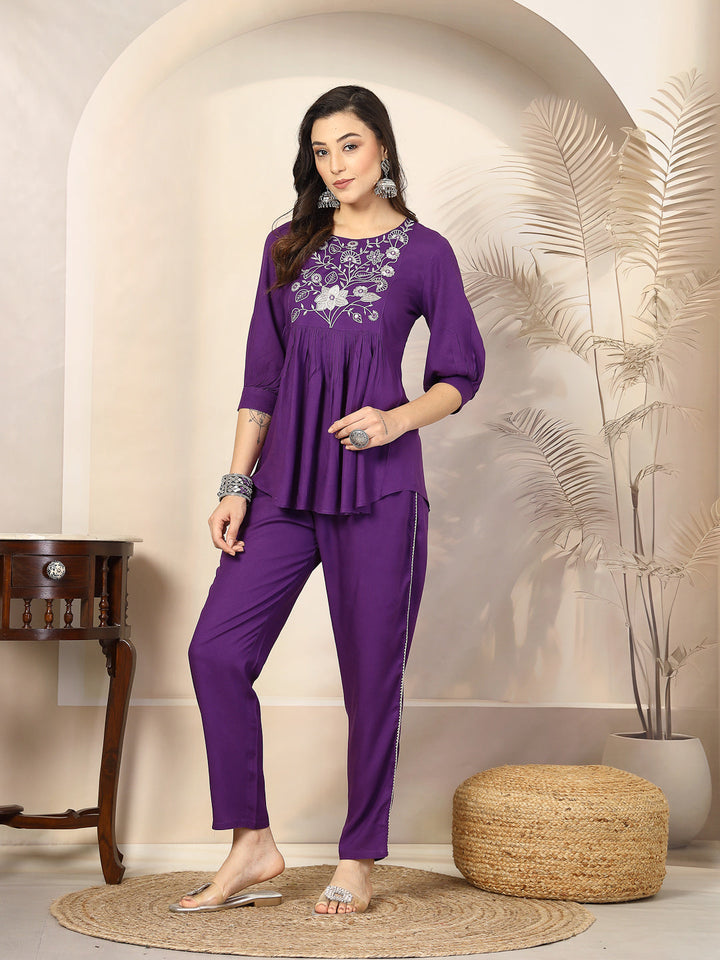 Violet Solid &amp; Embroidered Cotton Co-Ord Set
