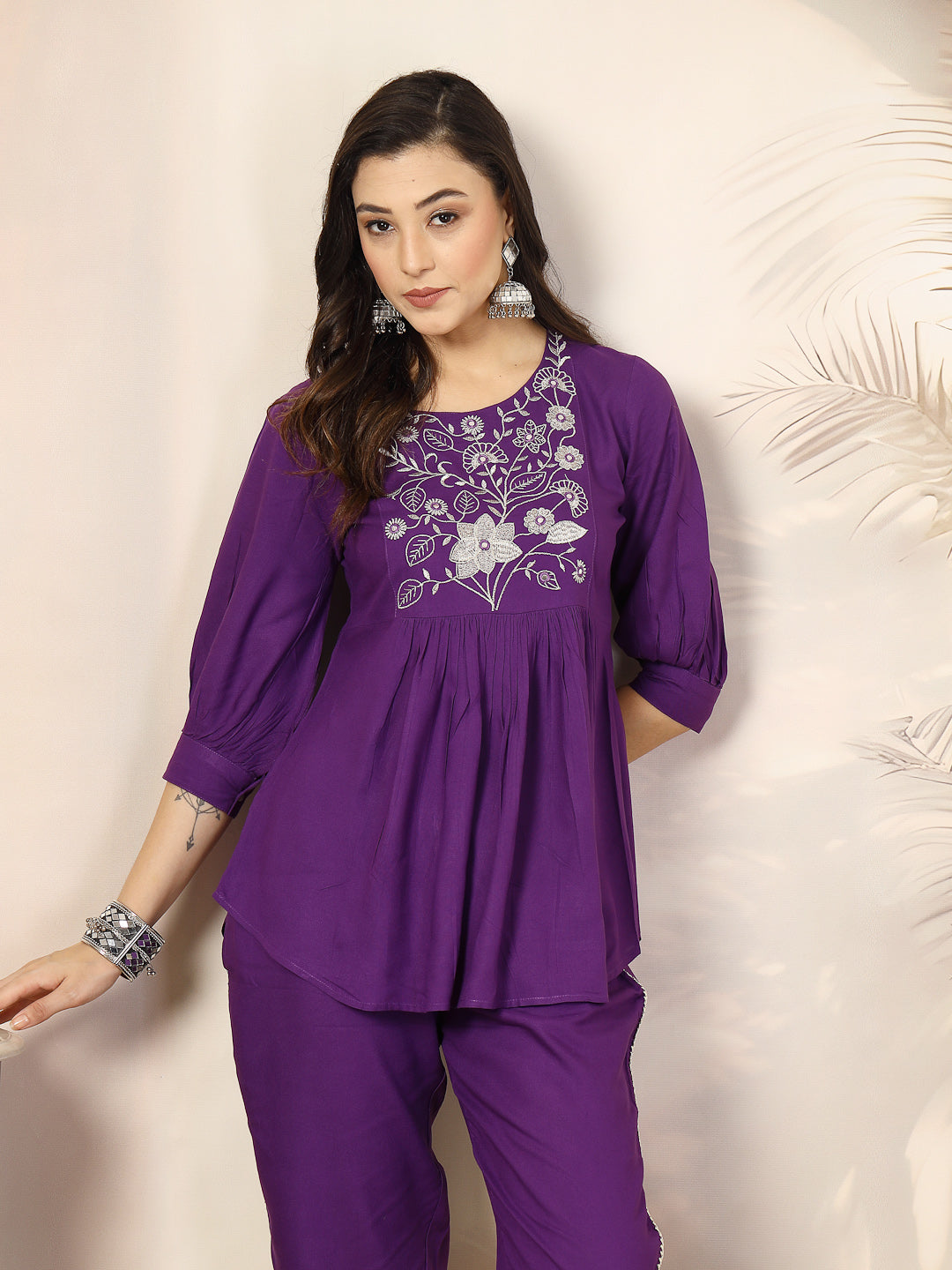 Violet Solid &amp; Embroidered Cotton Co-Ord Set