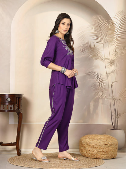 Violet Solid & Embroidered Cotton Co-Ord Set (Pre-Order)