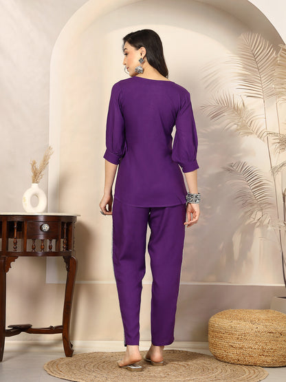 Violet Solid & Embroidered Cotton Co-Ord Set (Pre-Order)