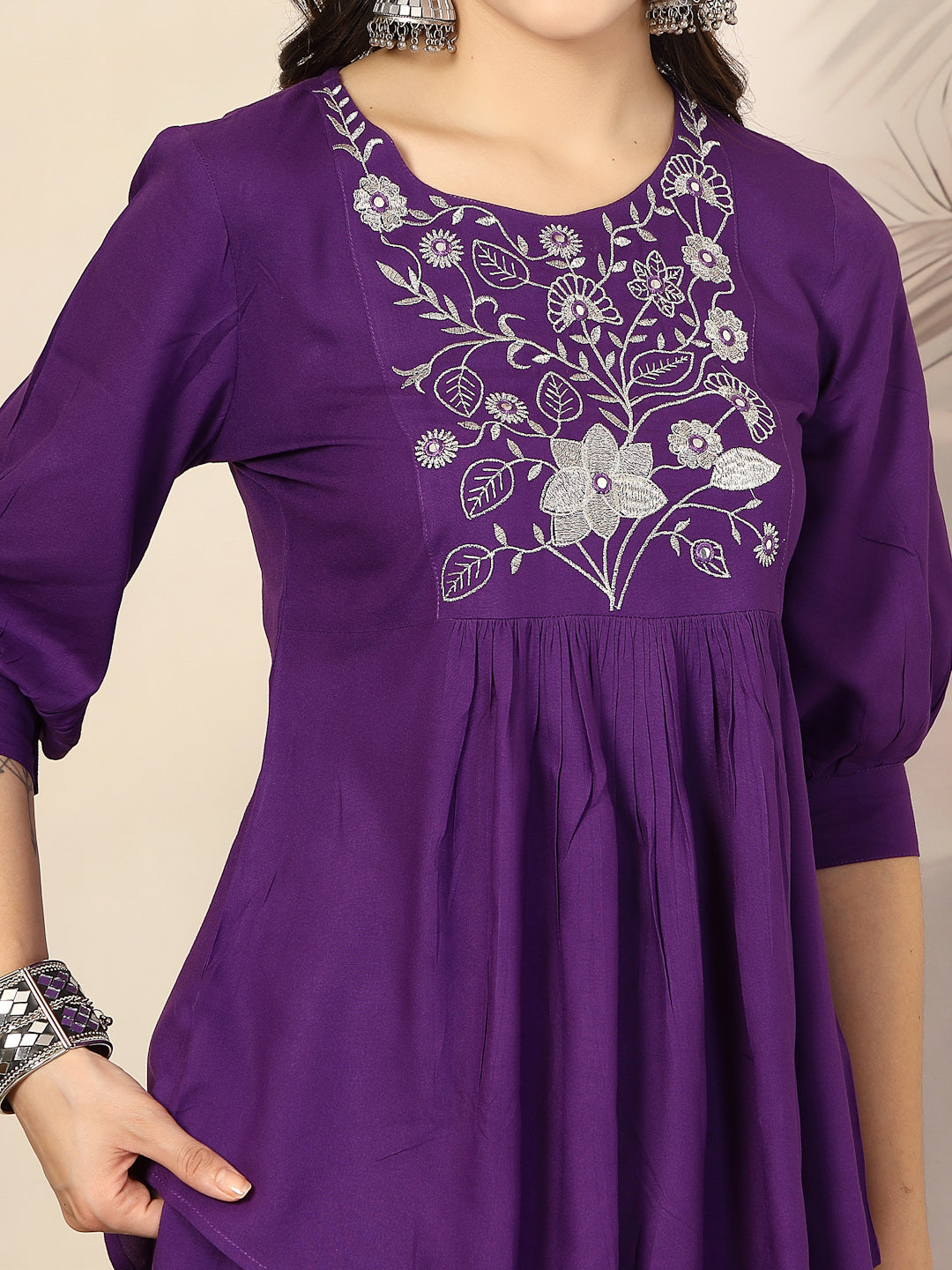 Violet Solid &amp; Embroidered Cotton Co-Ord Set