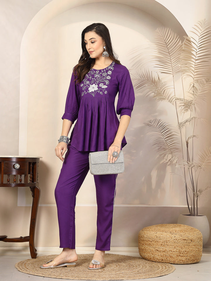 Violet Solid &amp; Embroidered Cotton Co-Ord Set