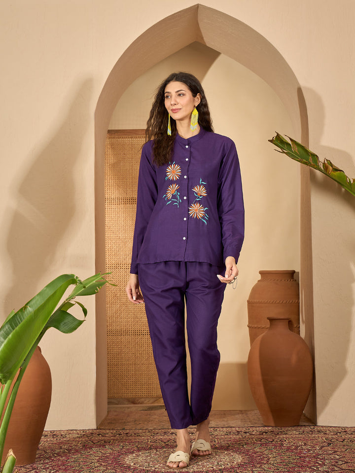 Solid &amp; Embroidered Cotton Blend Co-Ord Set