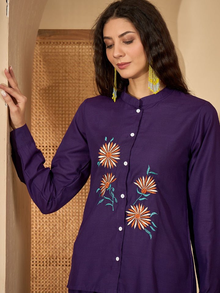 Solid &amp; Embroidered Cotton Blend Co-Ord Set