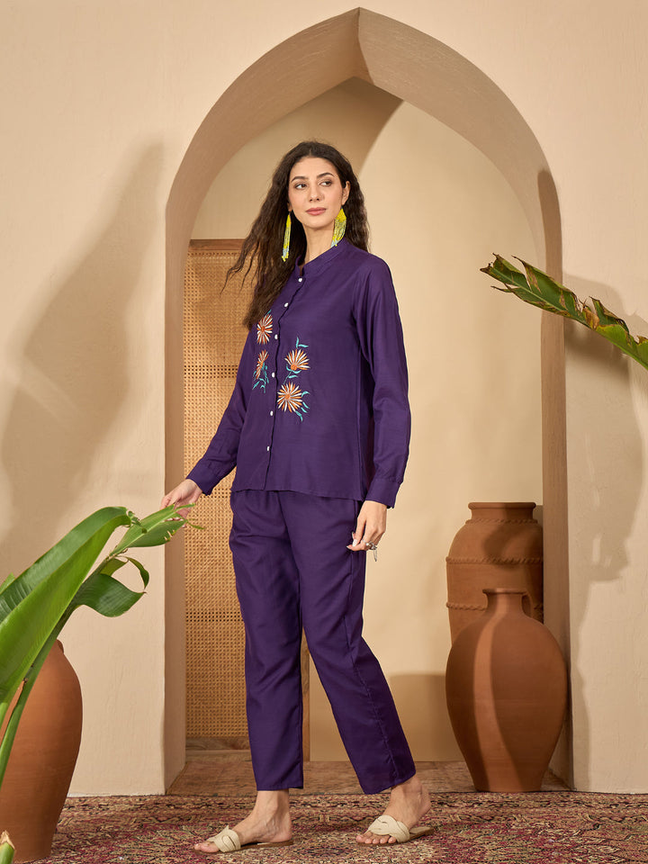 Solid &amp; Embroidered Cotton Blend Co-Ord Set
