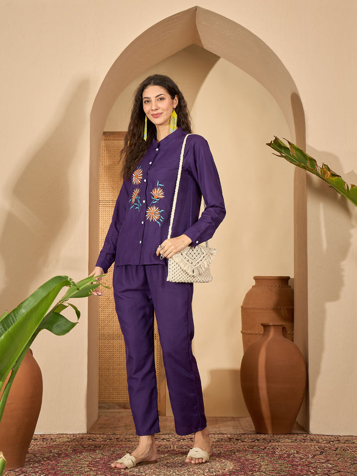 Solid &amp; Embroidered Cotton Blend Co-Ord Set