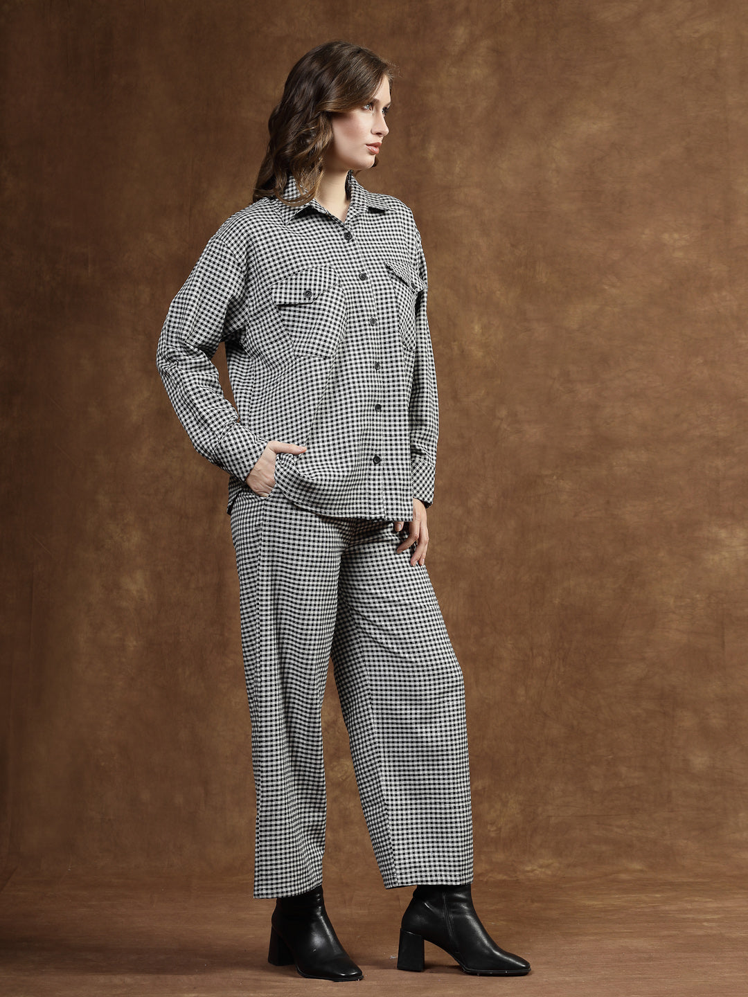Semi Woolen Checked Wool Blend Co-Ord Set