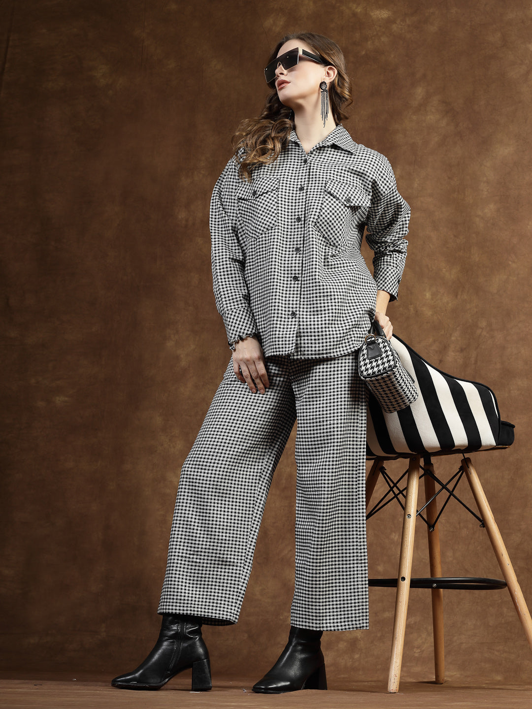 Semi Woolen Checked Wool Blend Co-Ord Set