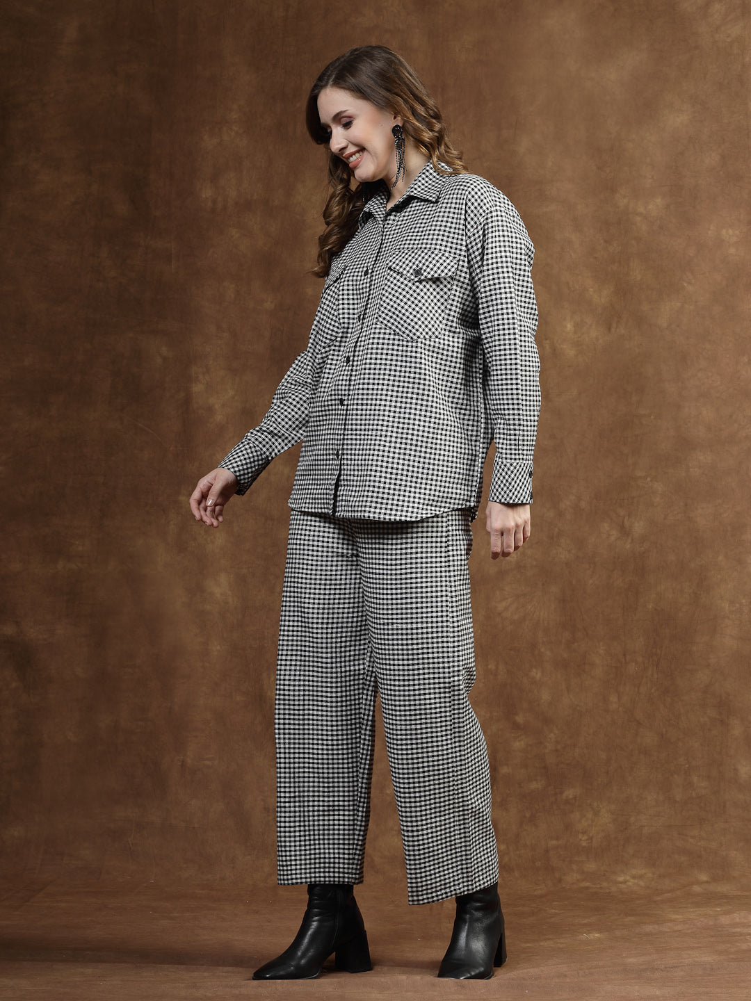 Semi Woolen Checked Wool Blend Co-Ord Set