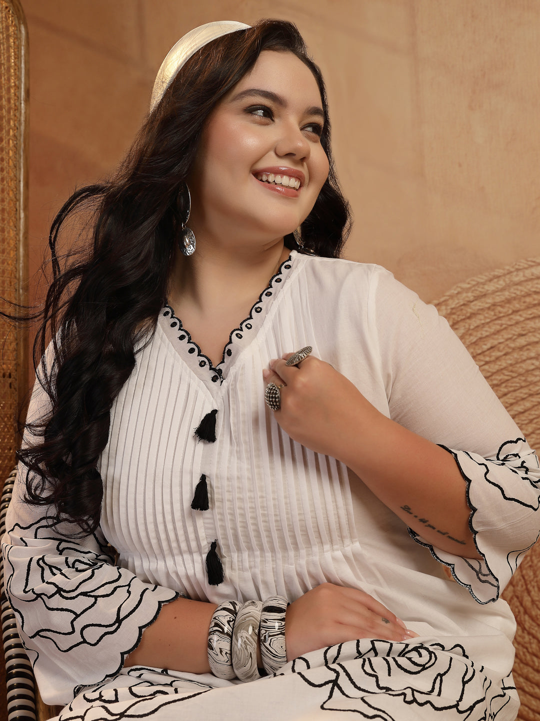 Plus Size White Floral Printed Cotton Co-Ord Set