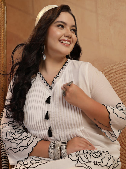 Plus Size White Floral Printed Cotton Co-Ord Set