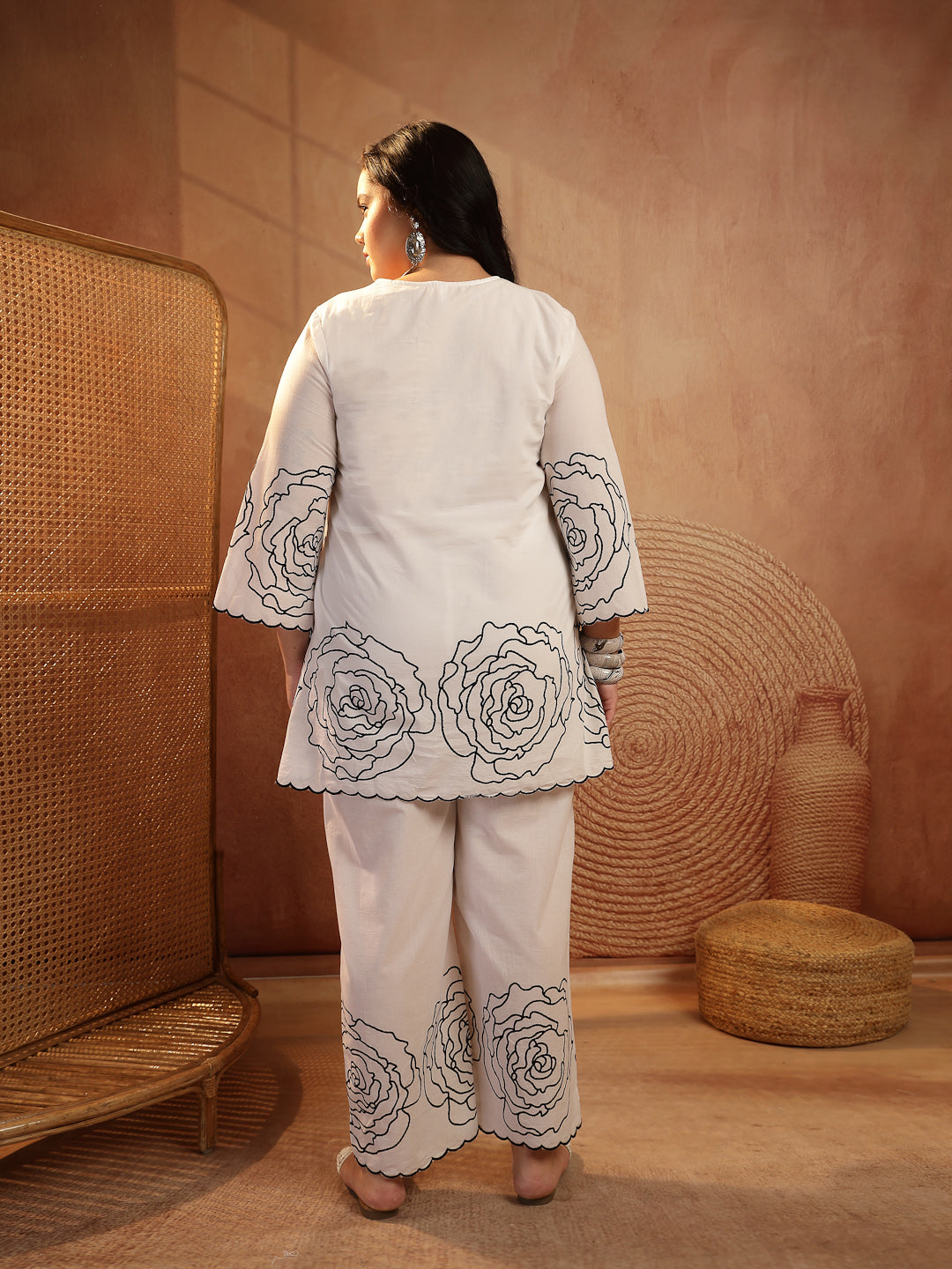 Plus Size White Floral Printed Cotton Co-Ord Set