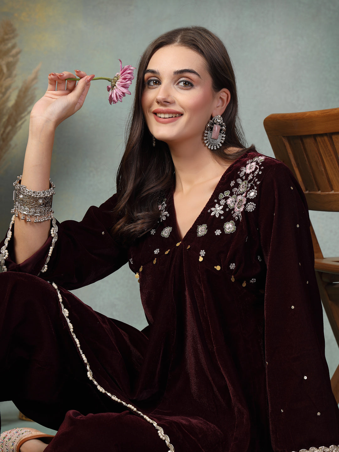 Wine Solid &amp; Embroidered Velvet Co-Ord Set