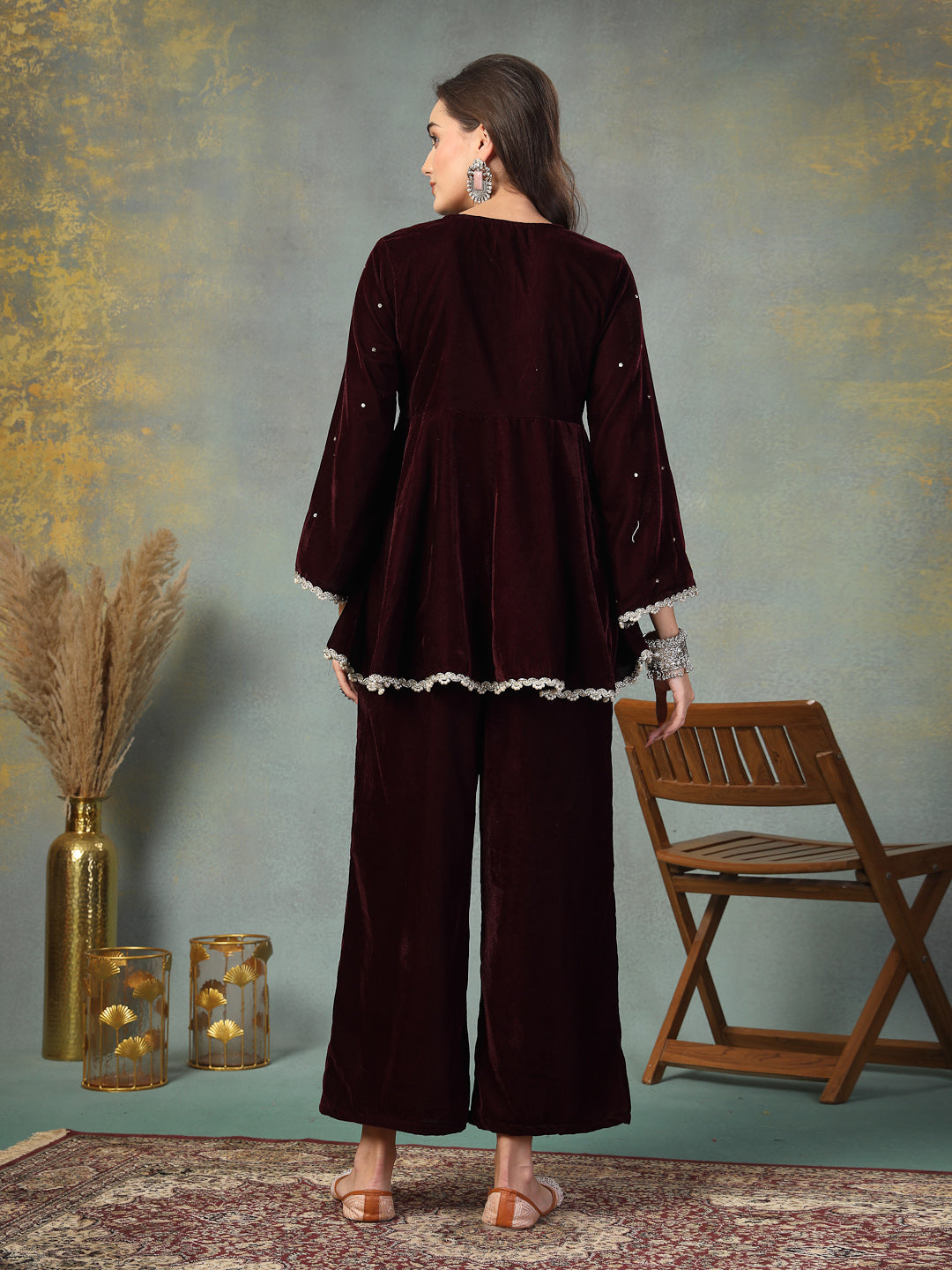 Wine Solid &amp; Embroidered Velvet Co-Ord Set