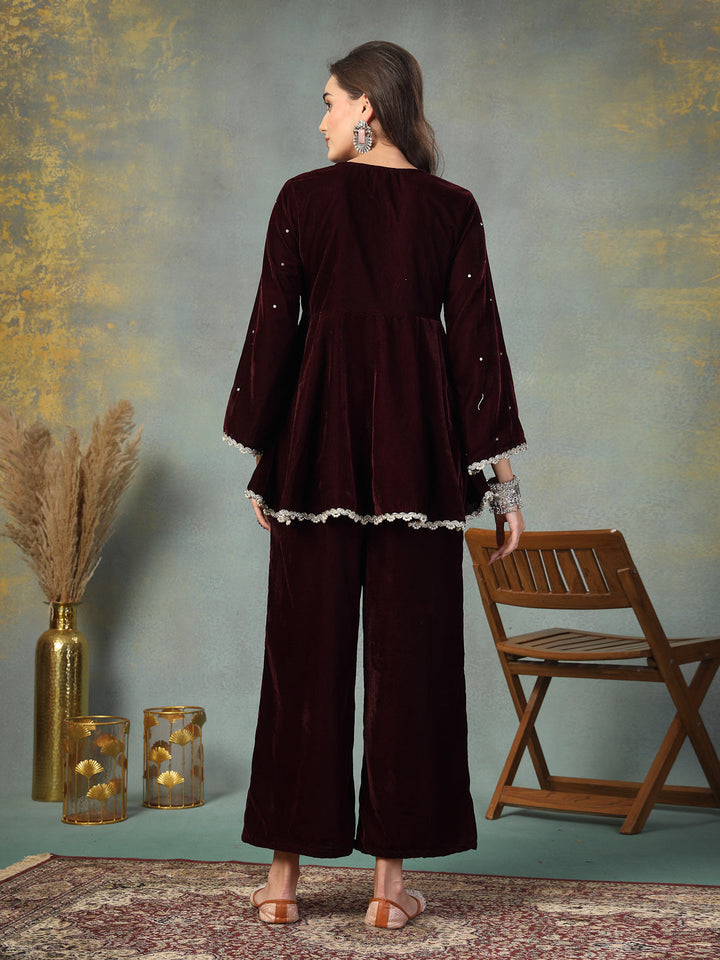 Wine Solid &amp; Embroidered Velvet Co-Ord Set
