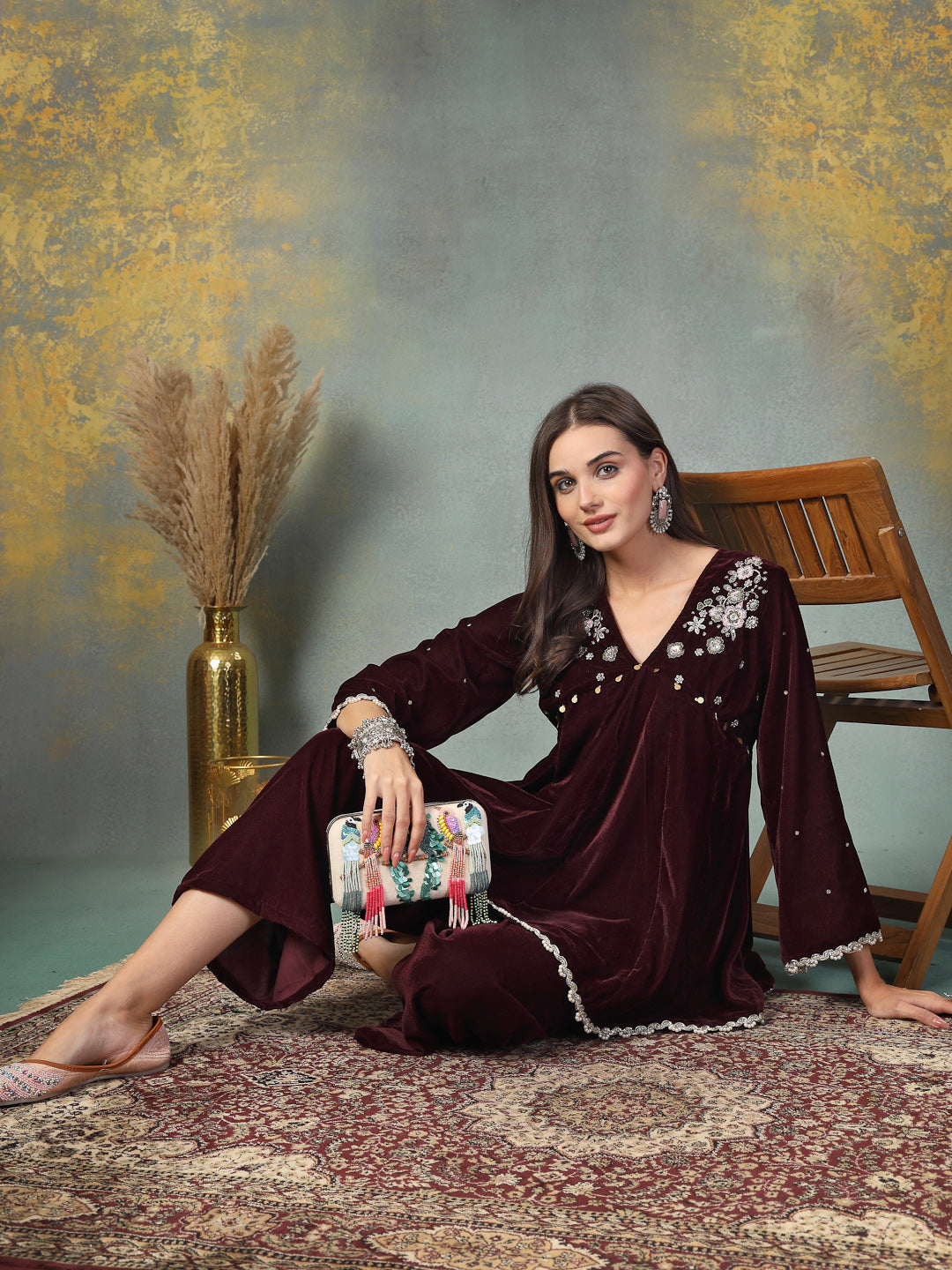 Wine Solid &amp; Embroidered Velvet Co-Ord Set