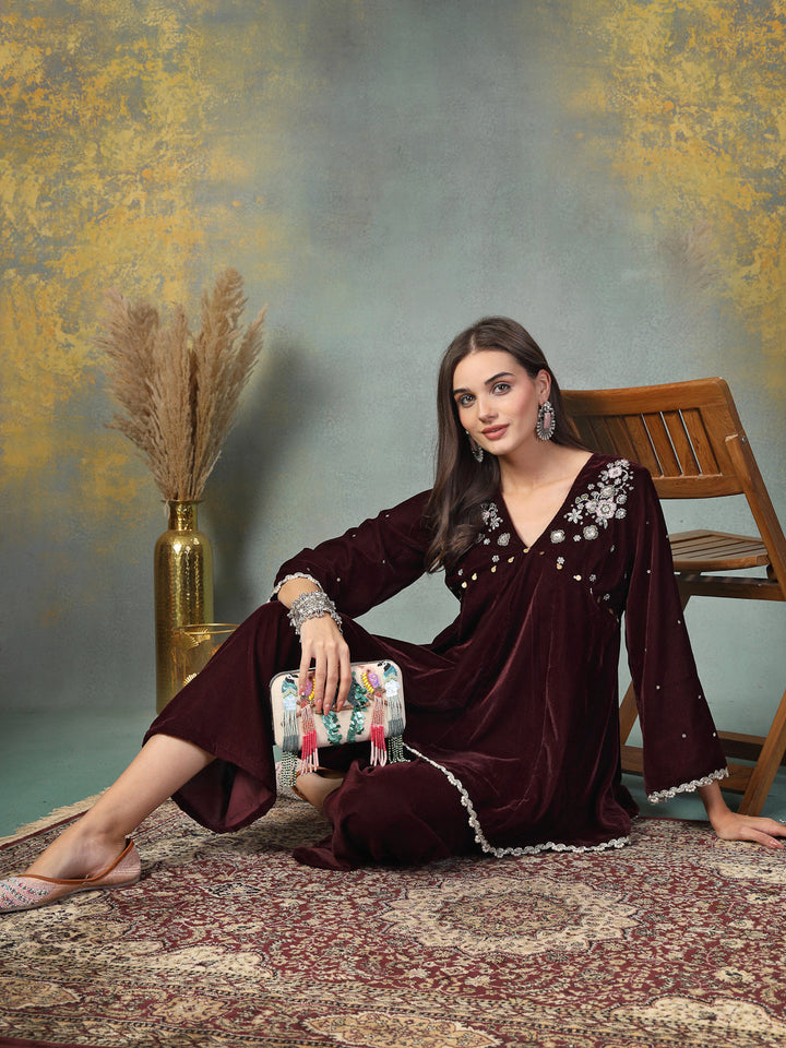 Wine Solid &amp; Embroidered Velvet Co-Ord Set