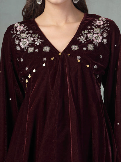 Wine Solid & Embroidered Velvet Co-Ord Set