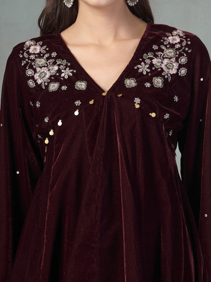 Wine Solid &amp; Embroidered Velvet Co-Ord Set