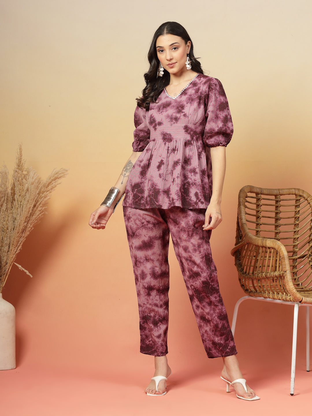 Wine Self Woven & Tie Dye Printed Kantha Cotton Co-Ord Set