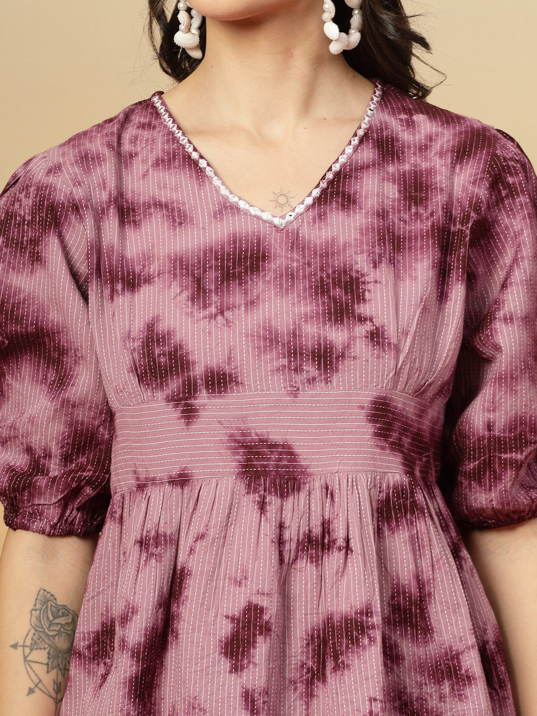 Wine Self Woven &amp; Tie Dye Printed Kantha Cotton Co-Ord Set