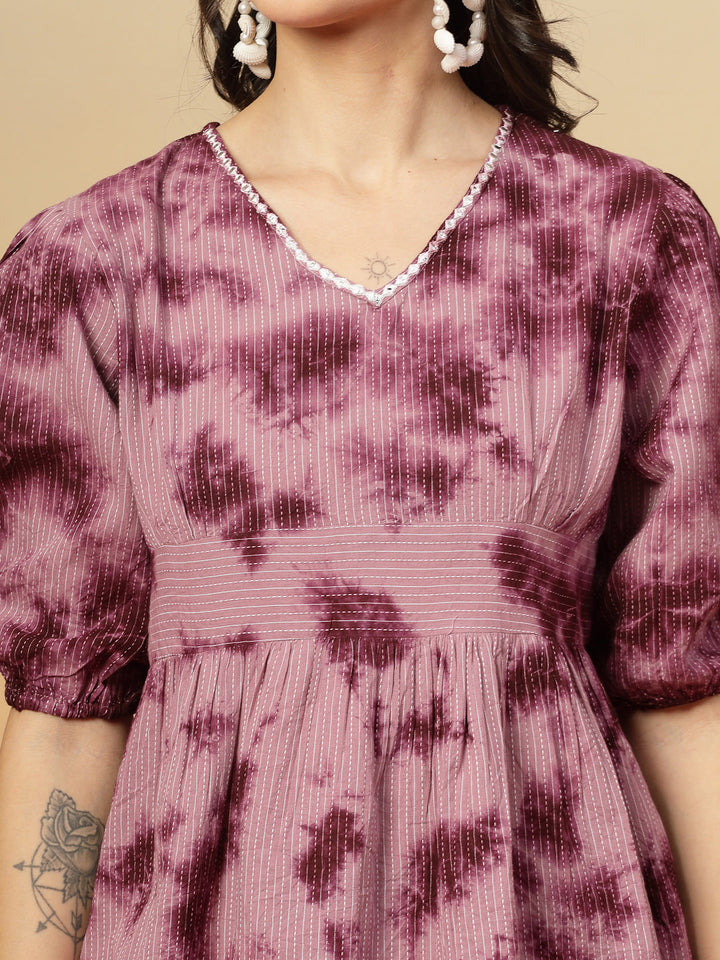 Wine Self Woven &amp; Tie Dye Printed Kantha Cotton Co-Ord Set