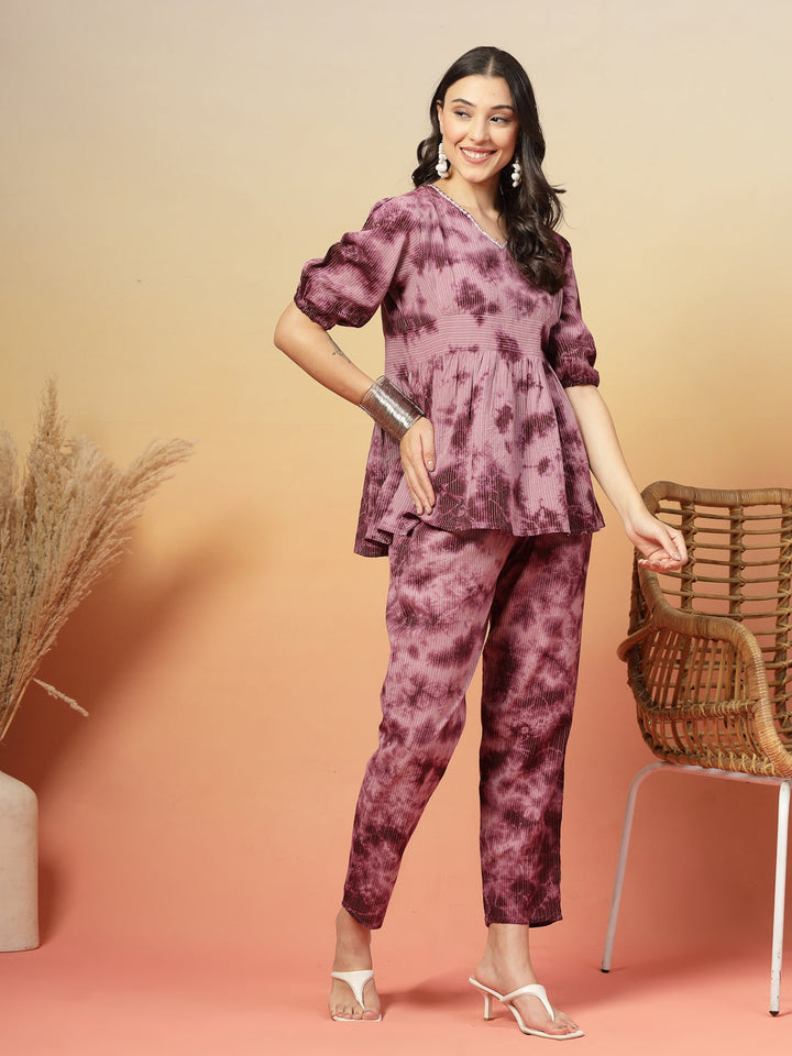 Wine Self Woven &amp; Tie Dye Printed Kantha Cotton Co-Ord Set