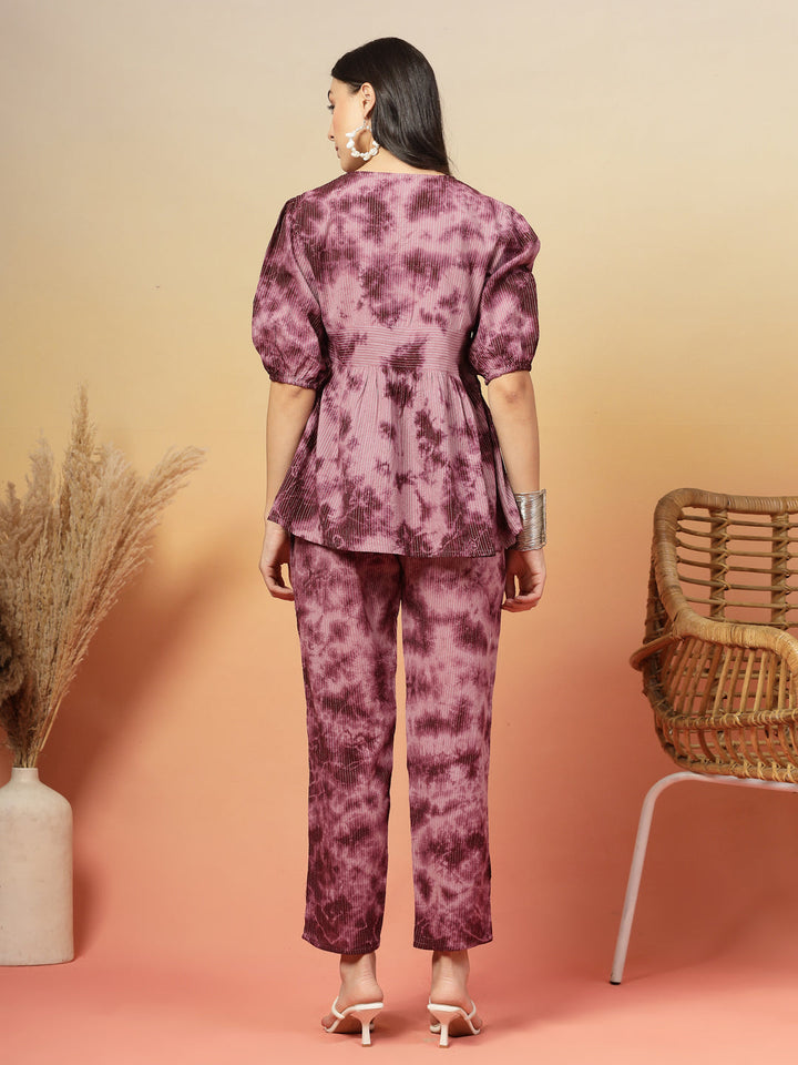 Wine Self Woven &amp; Tie Dye Printed Kantha Cotton Co-Ord Set