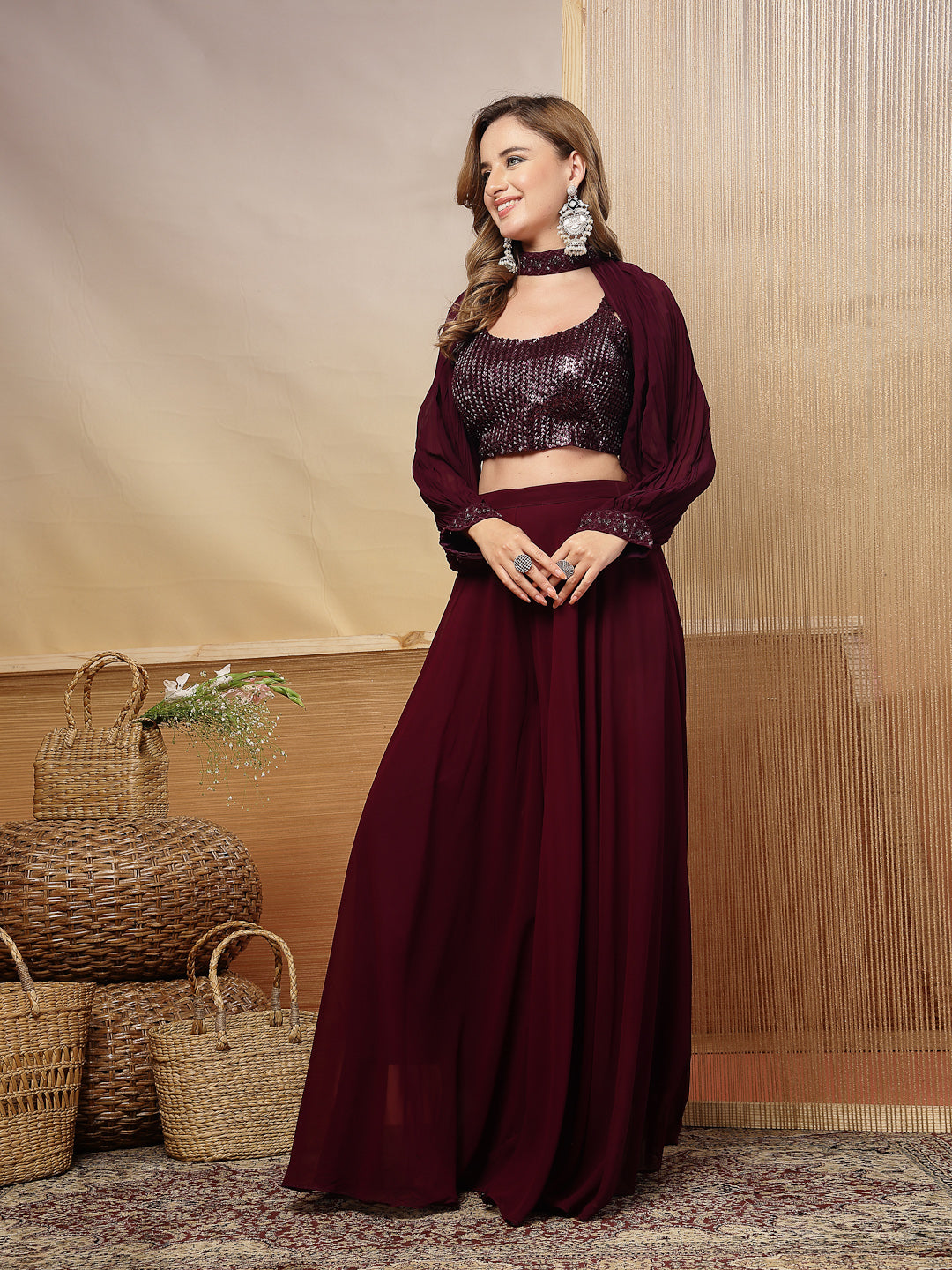 Solid &amp; Embroidered Georgette Co-Ord Set