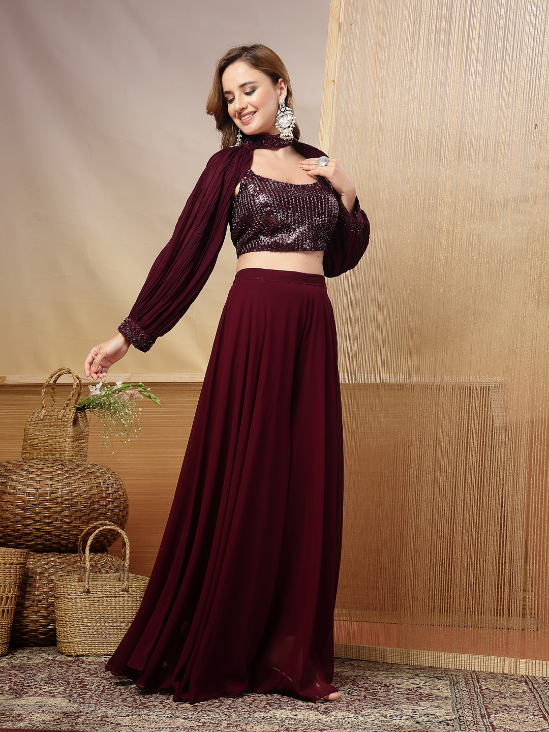 Solid &amp; Embroidered Georgette Co-Ord Set