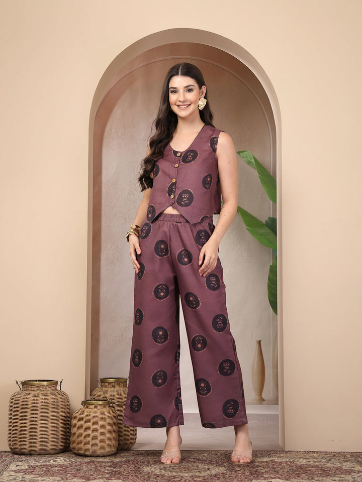 Wine Botanical Printed Cotton Flex Co-Ord Set