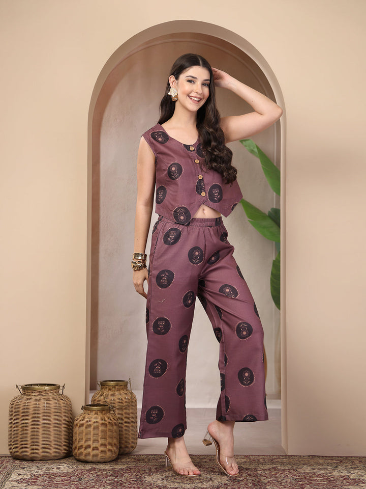 Wine Botanical Printed Cotton Flex Co-Ord Set