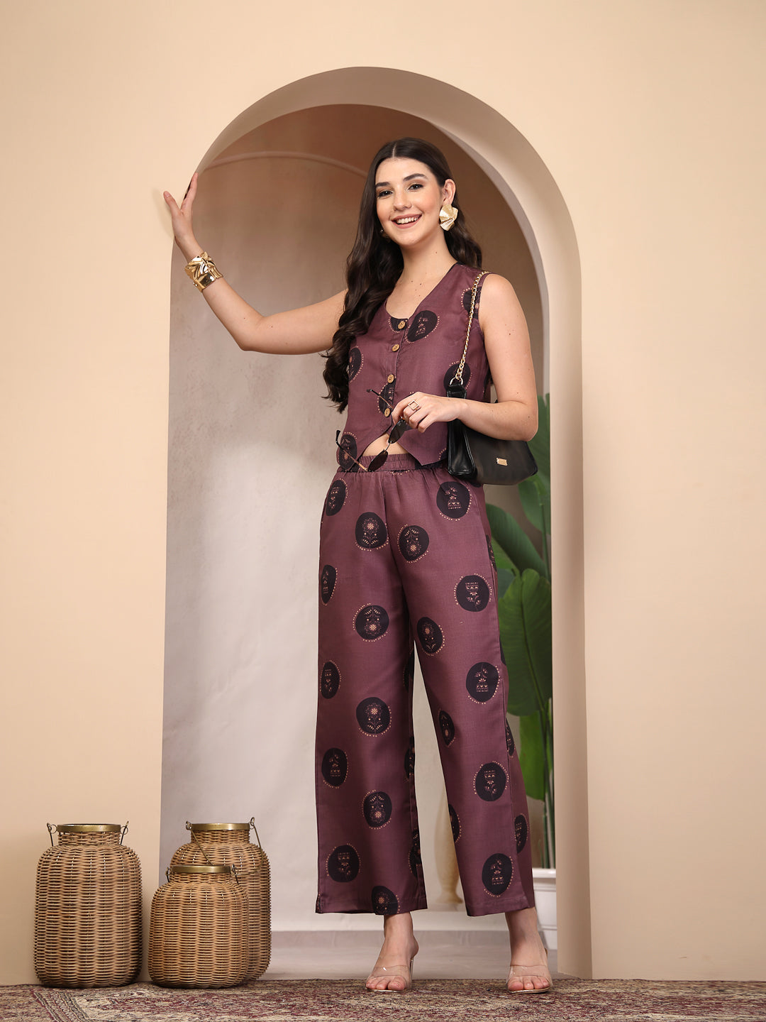 Wine Botanical Printed Cotton Flex Co-Ord Set