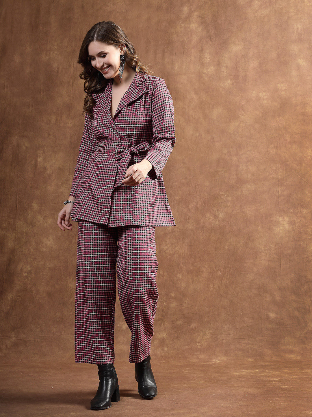 Semi Woolen Checked Wool Blend Co-Ord Set