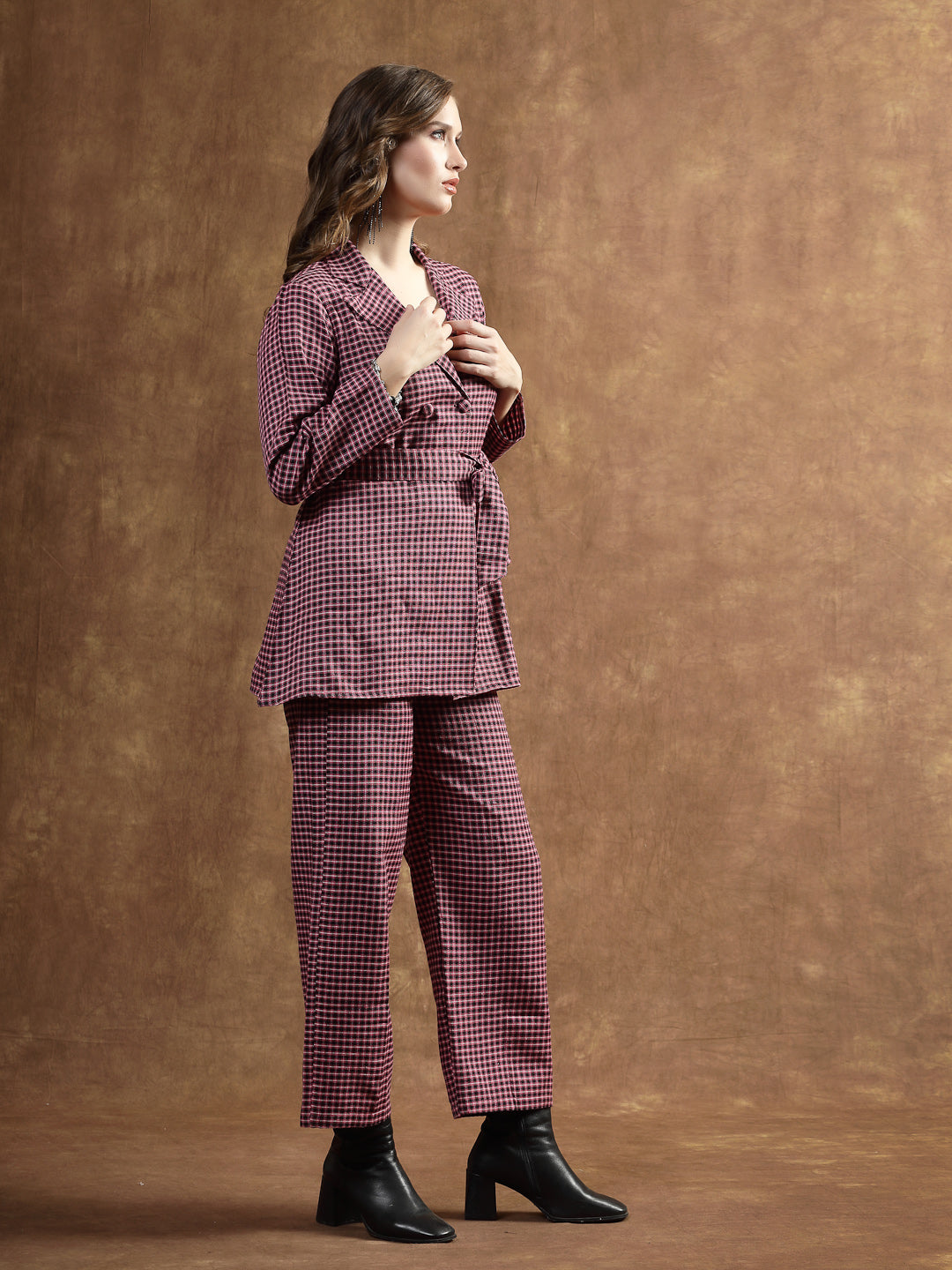 Semi Woolen Checked Wool Blend Co-Ord Set