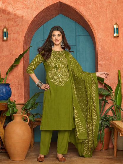 Bandhej Printed Cotton Straight Kurta Pant Dupatta Set