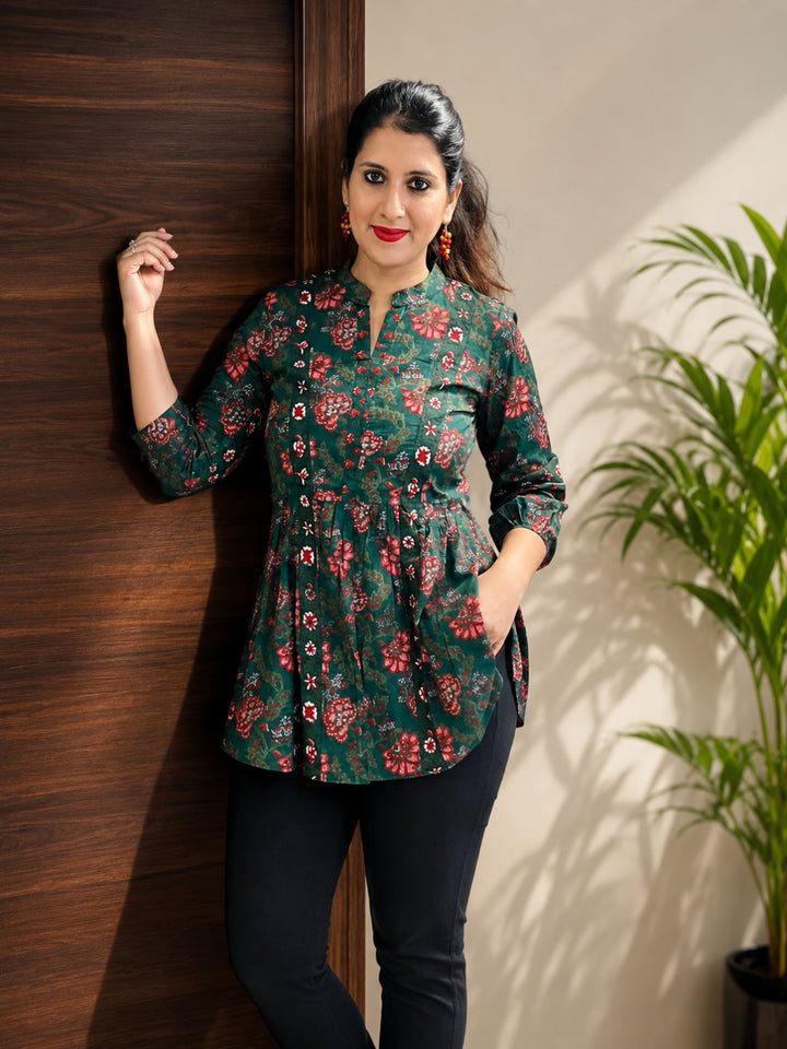 Printed Mandarin Collar Three-Quarter Sleeves Top (kimayra)