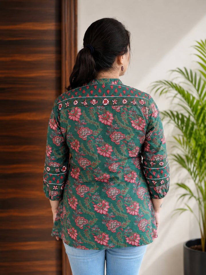 Printed Mandarin Collar Three-Quarter Sleeves Top (kimayra)