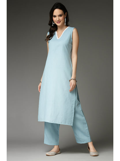 Solid Cotton Blend Straight Kurta Pant Set