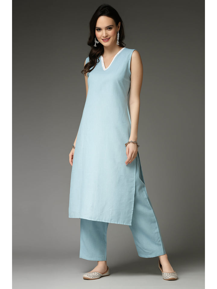 Solid Cotton Blend Straight Kurta Pant Set