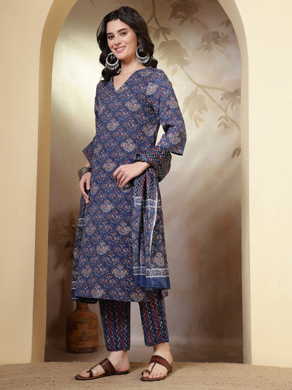 Straight Pure Cotton Printed Kurta Set With Dupatta