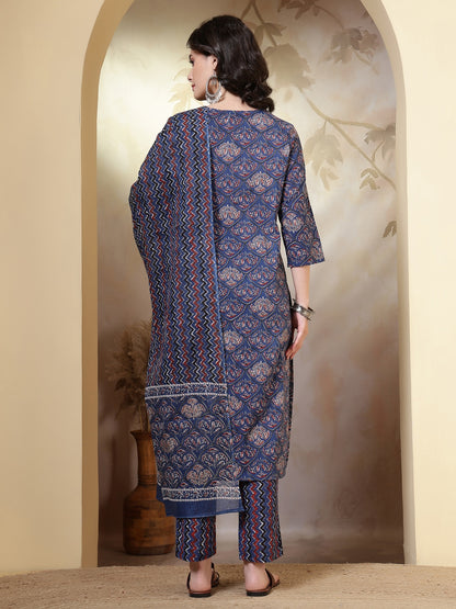 Straight Pure Cotton Printed Kurta Set With Dupatta