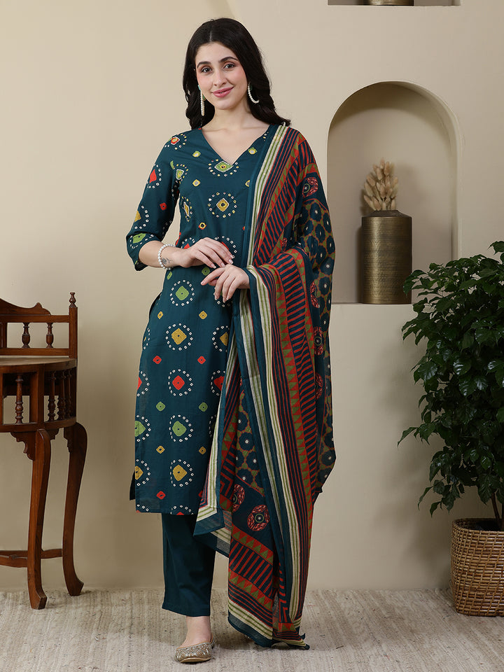 Straight Pure Cotton Printed Kurta Set With Dupatta