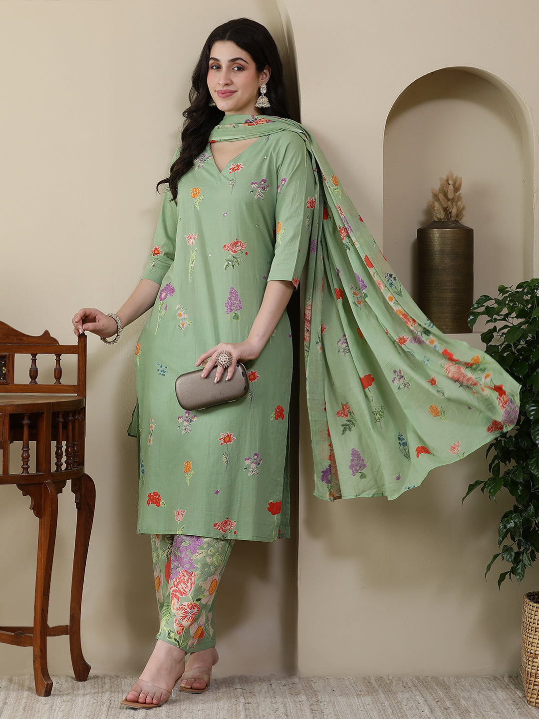 Straight Pure Cotton Printed Kurta Set With Dupatta