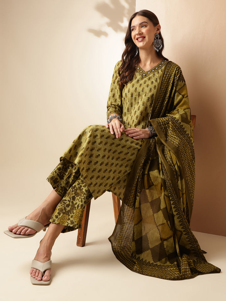 Pure Cotton Printed Straight Kurta Set With Dupatta