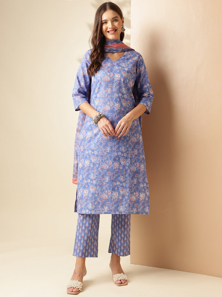 Pure Cotton Printed Straight Kurta Set With Dupatta