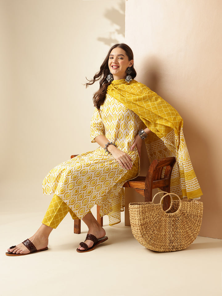 Pure Cotton Printed Straight Kurta Set With Dupatta
